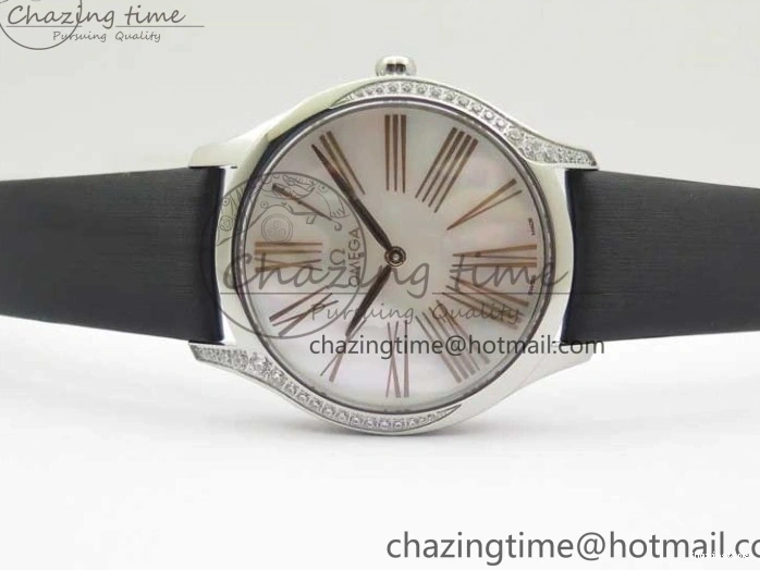 0420 StreetReady Ladies’ De Ville Trésor Diamond SS 3AF 1:1 Best Edition White MOP Dial RG Markers On Black Fabric strap Swiss Quartz 7884